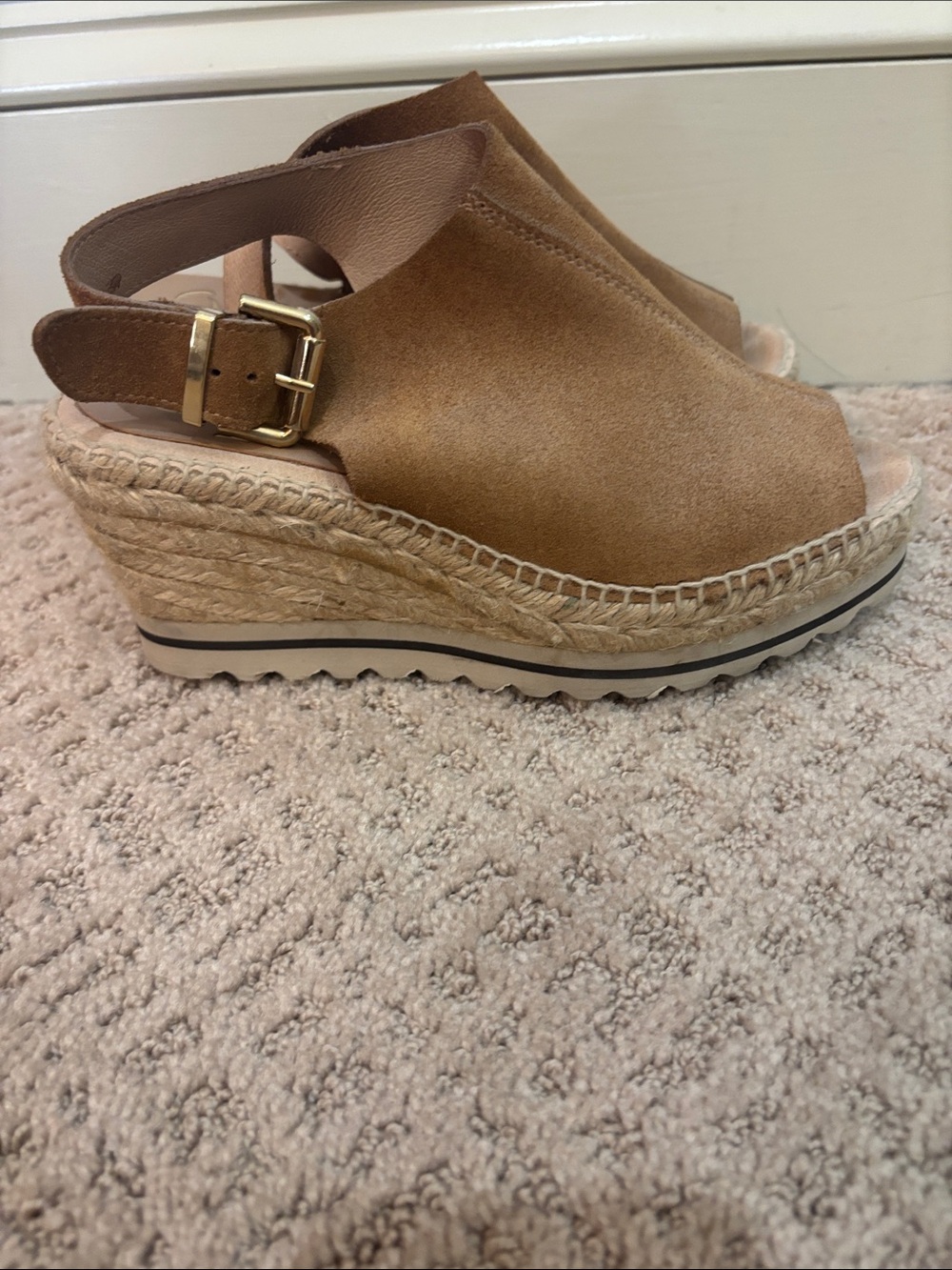 kanna Tan Suede Espadrille Wedge Sandals with Gold Buckle
